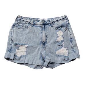 Hollister Curvy Ultra High Rise Mom Shorts Blue Denim Distressed Jean Cuffed Hem